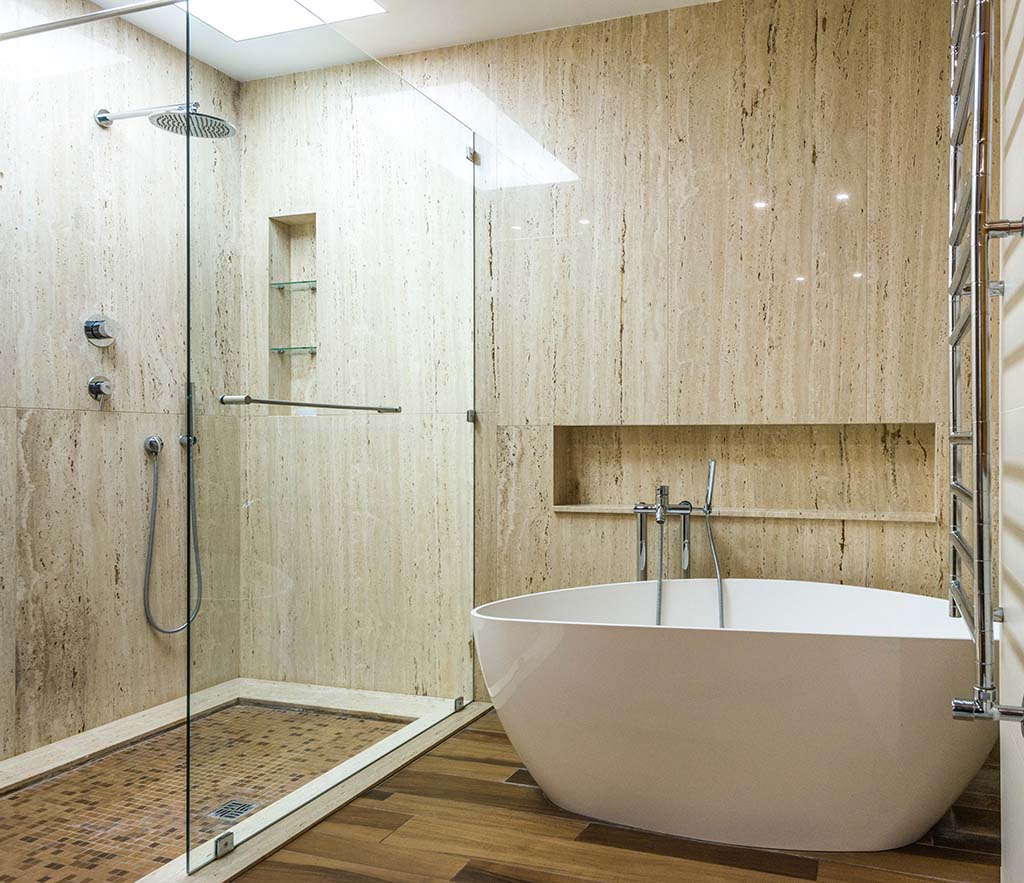 beige washroom with wooden tiles